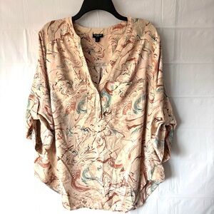 NWOT Torrid Harper white tan Teal Popover Blouse Swirl Roll tab 3/4 Sleeve SZ 1X